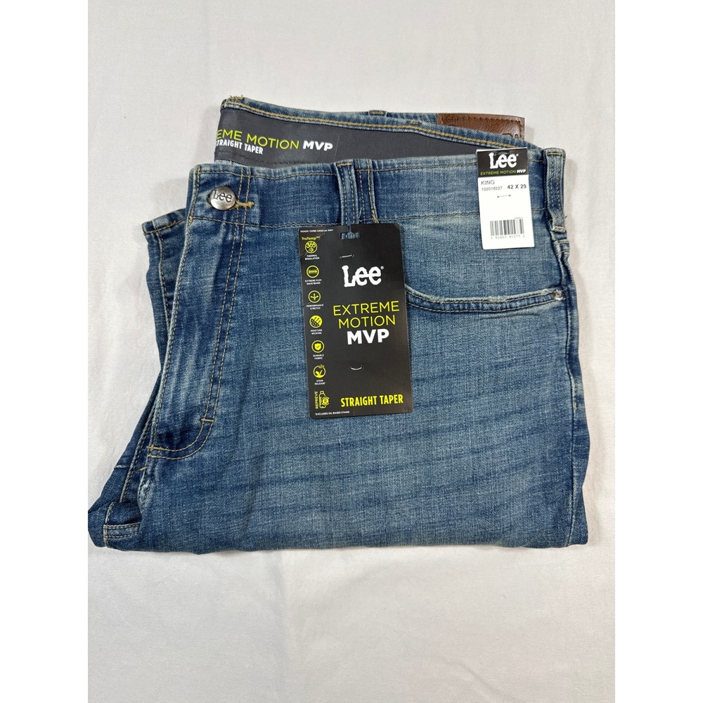 Lee Extreme Motion MVP Straight Taper Jeans Mens 42x29 King Blue Stretch Denim